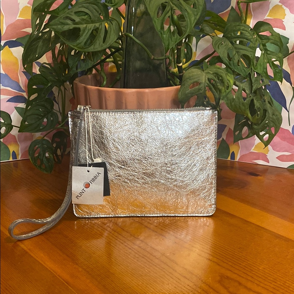 Punto Fibbia Genuine Italian Leather Metallic Silver Wristlet